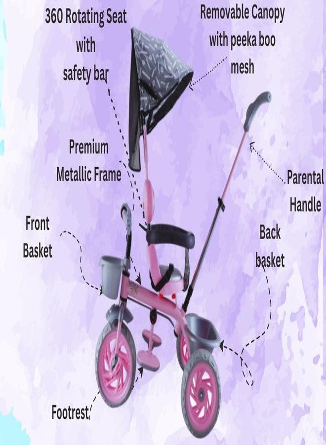 JoyRide Tiny Trekker Lite Tricycle for Kids 1.5 to 5 Years with Reversible Seat,Parental Push Handle, Foldable Canopy Storage Baskets |Plug & Play Trikes for Girls Boys (Pink) - Image 2